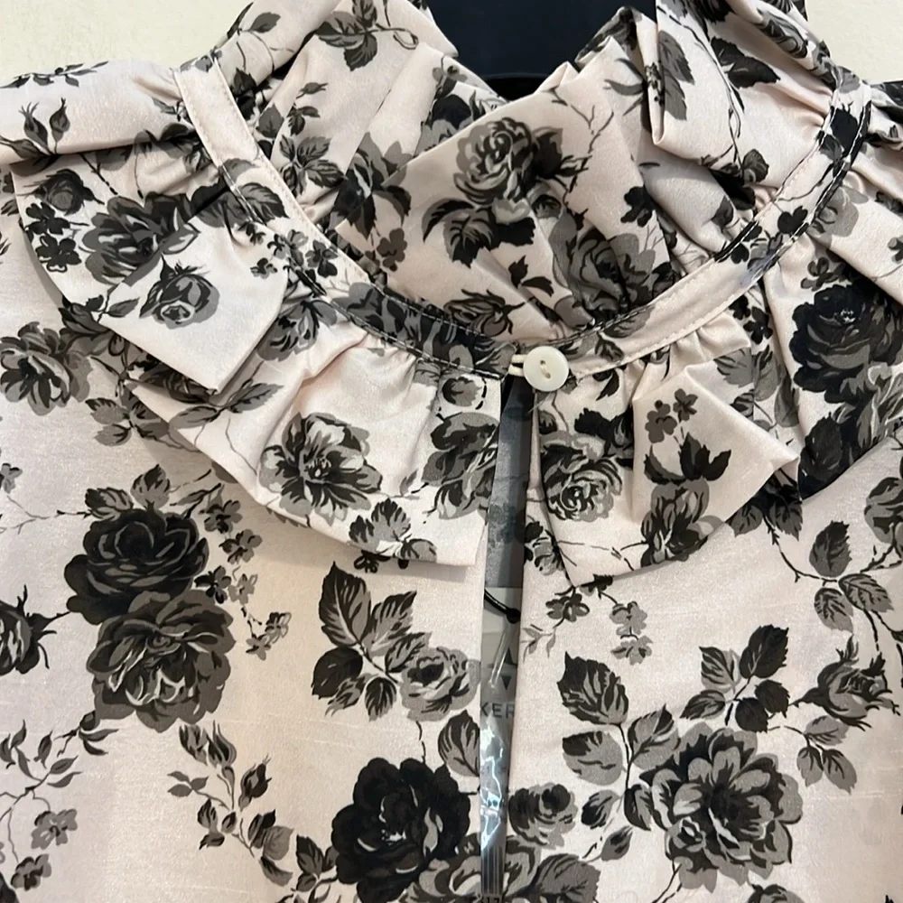 Tuckernuck Black Floral Ruffle-Neck Blouse on Cream